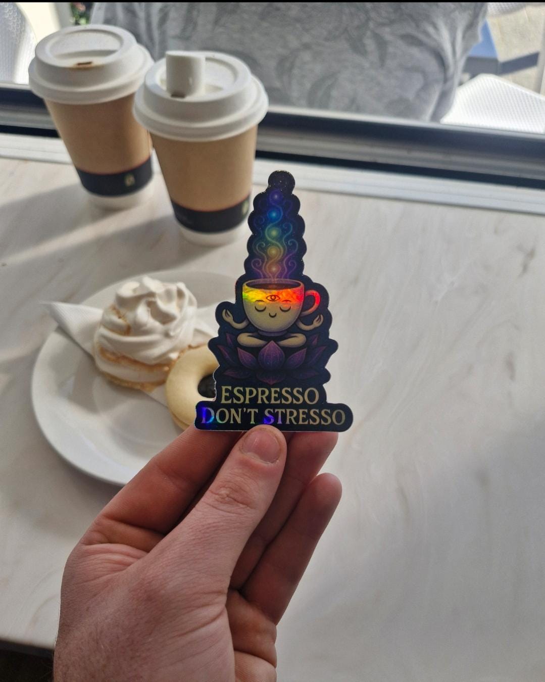 Espresso Don’t Stresso Sticker – Funny Coffee Holographic Vinyl Decal for Laptops, Water Bottles & Journals