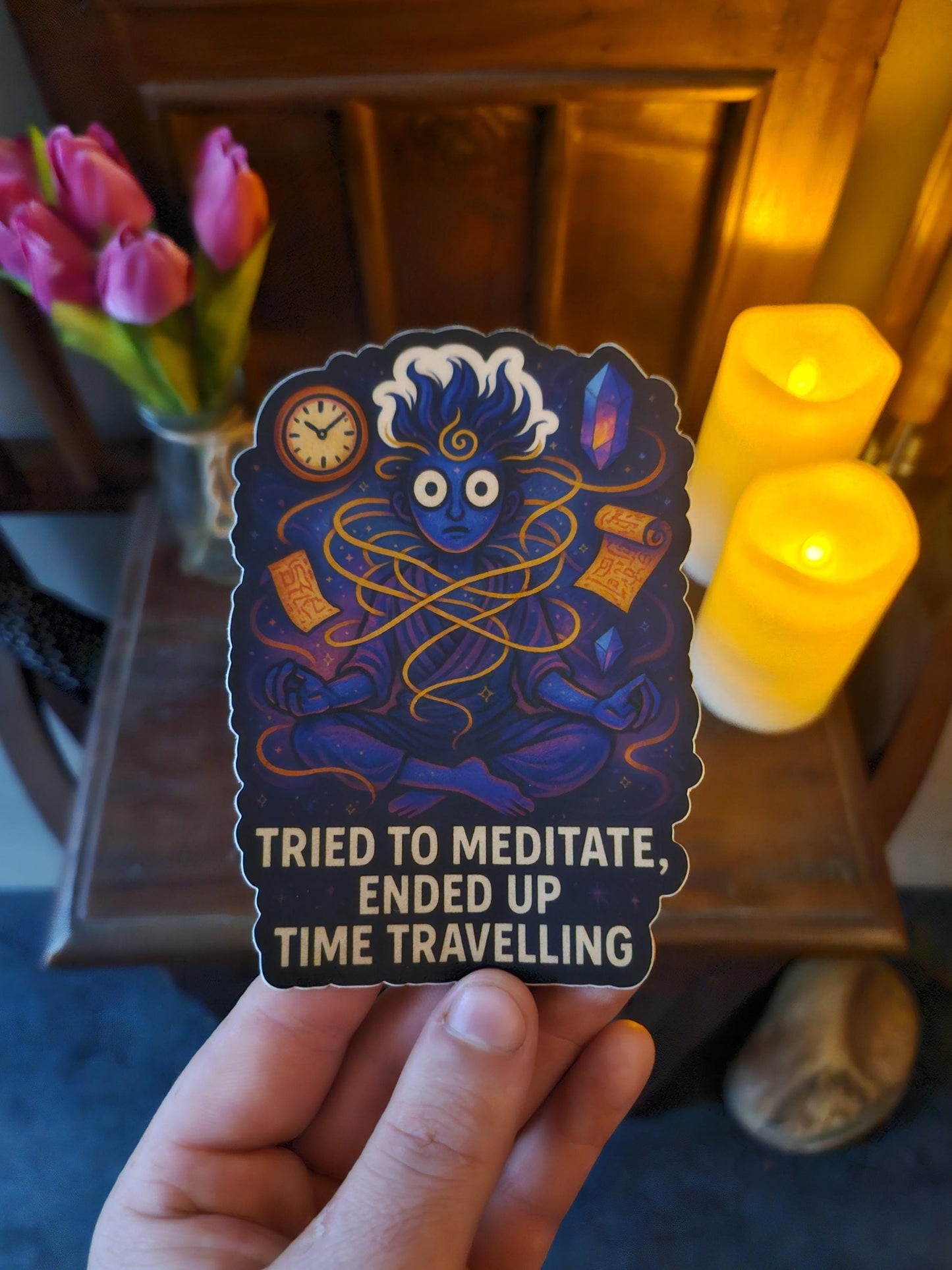 I Tried Meditating But I Time-Travelled, Bro | Cosmic Humour Sticker | Funny Spiritual Vinyl Decal | ShopCelestique