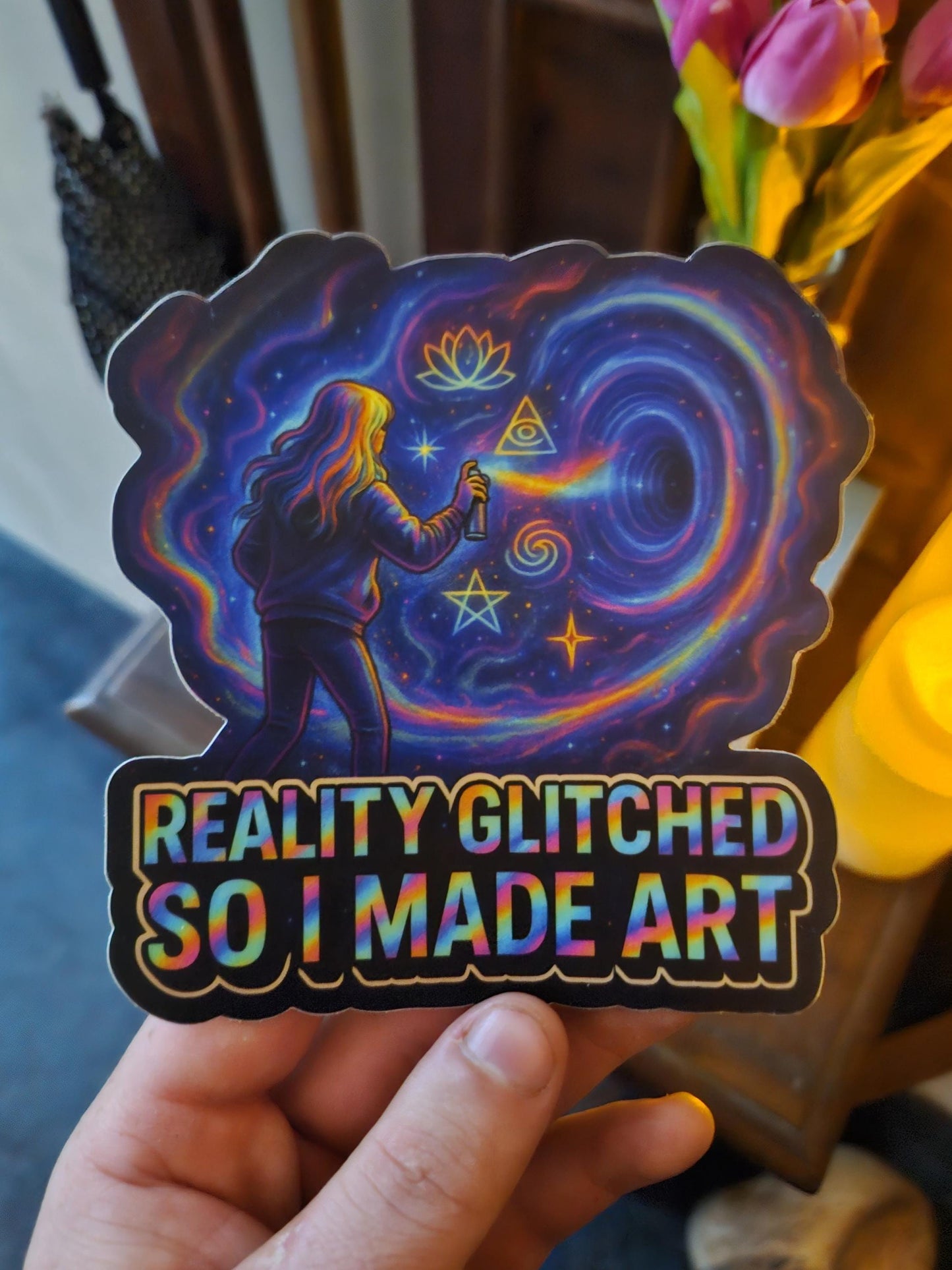 Reality Glitched So I Made Art | Trippy Cosmic Vinyl Sticker | Spiritual Mental Health Humor | ShopCelestique Original