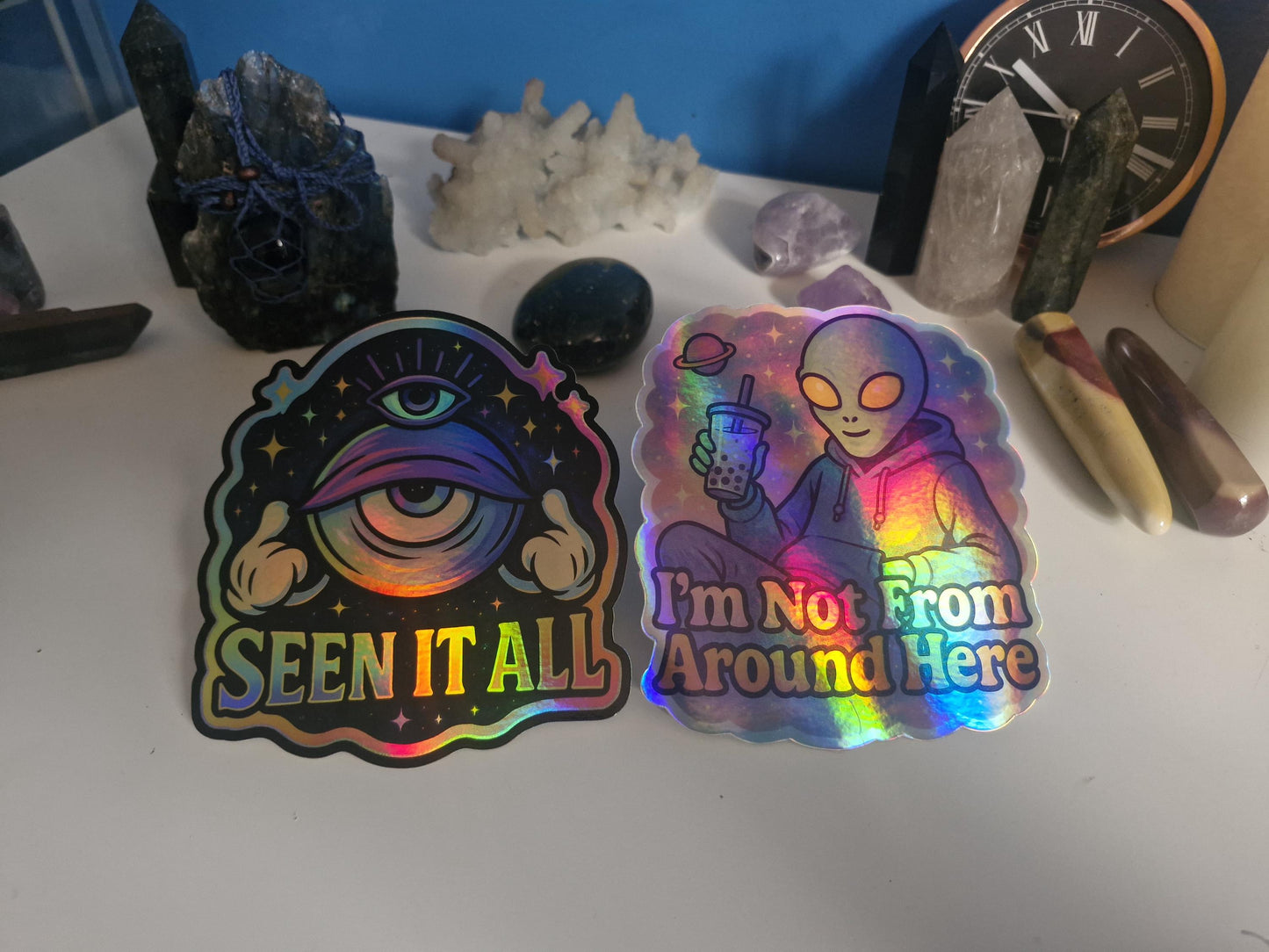 Cosmic Duo – Holographic Alien & All-Seeing Eye Sticker Pack | Funny Trippy Stickers for Water Bottles, Laptops, Journals
