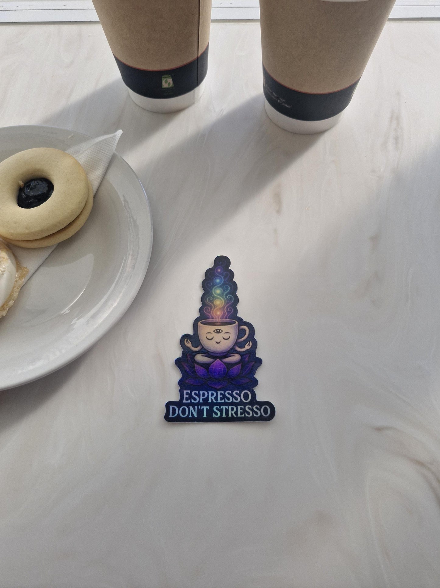 Espresso Don’t Stresso Sticker – Funny Coffee Holographic Vinyl Decal for Laptops, Water Bottles & Journals