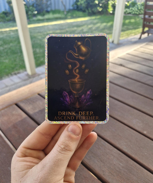 Drink Deep Ascend Further Sticker – Cosmic Coffee Vinyl Decal for Laptops, Water Bottles & Journals