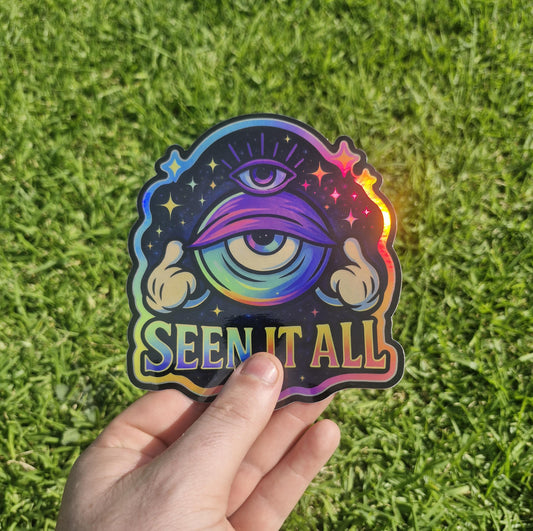 Seen It All – Holographic All-Seeing Eye Sticker | Trippy Cosmic Vinyl Decal | For Laptops, Journals, Water Bottles