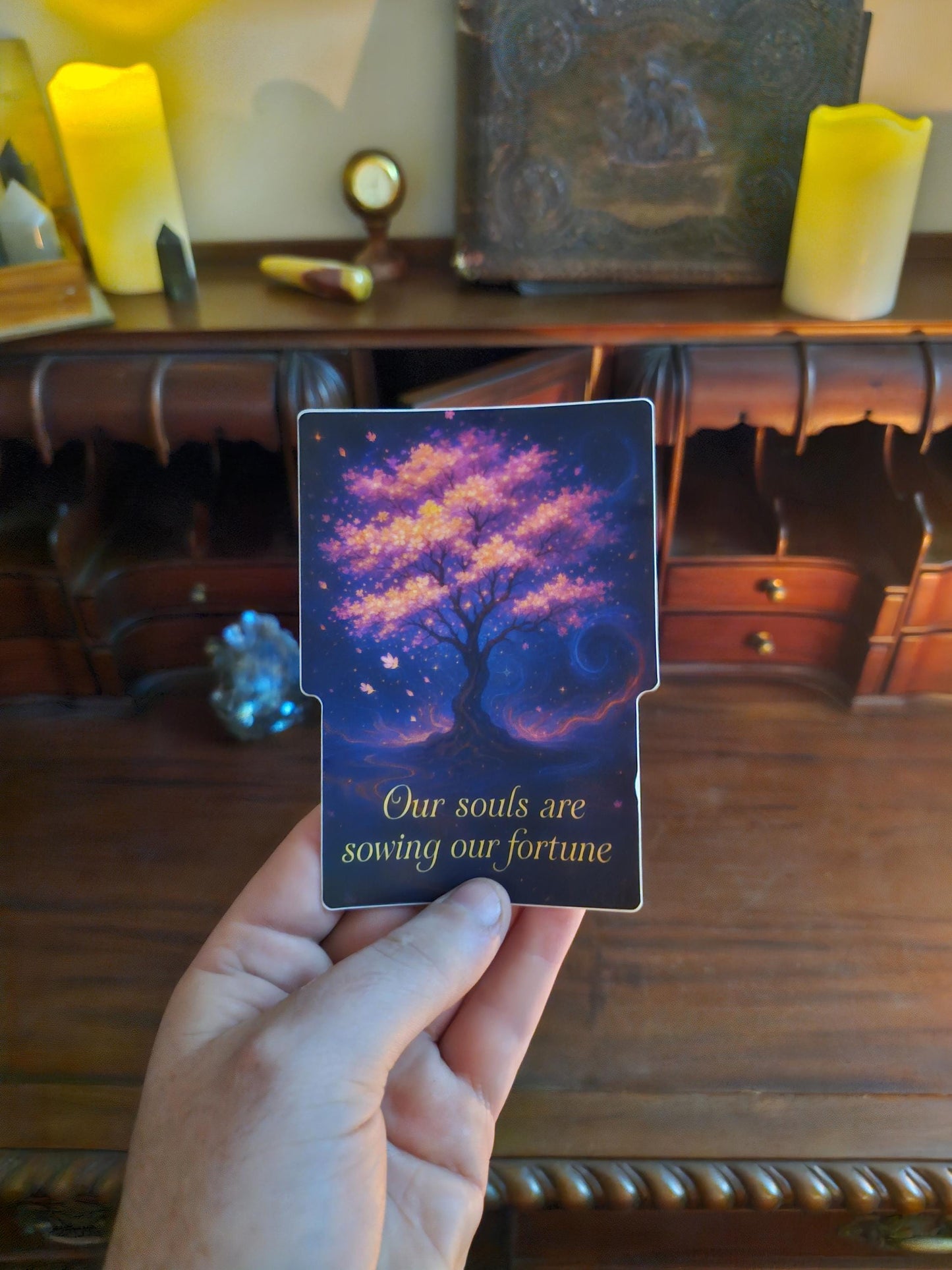 Our Souls Are Sowing Our Fortune | Cosmic Tree Sticker | Spiritual Growth Vinyl Decal | Esoteric Art for Journals & Altars