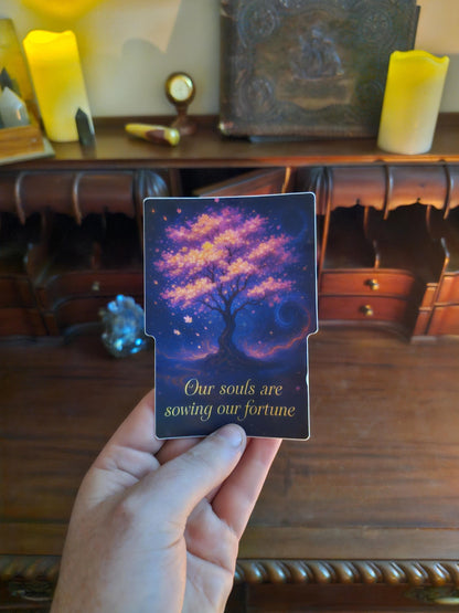 Our Souls Are Sowing Our Fortune | Cosmic Tree Sticker | Spiritual Growth Vinyl Decal | Esoteric Art for Journals & Altars