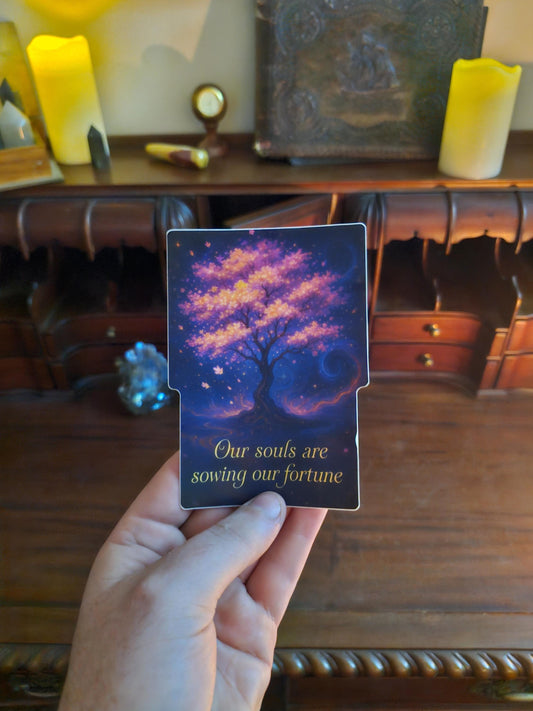 Our Souls Are Sowing Our Fortune | Cosmic Tree Sticker | Spiritual Growth Vinyl Decal | Esoteric Art for Journals & Altars