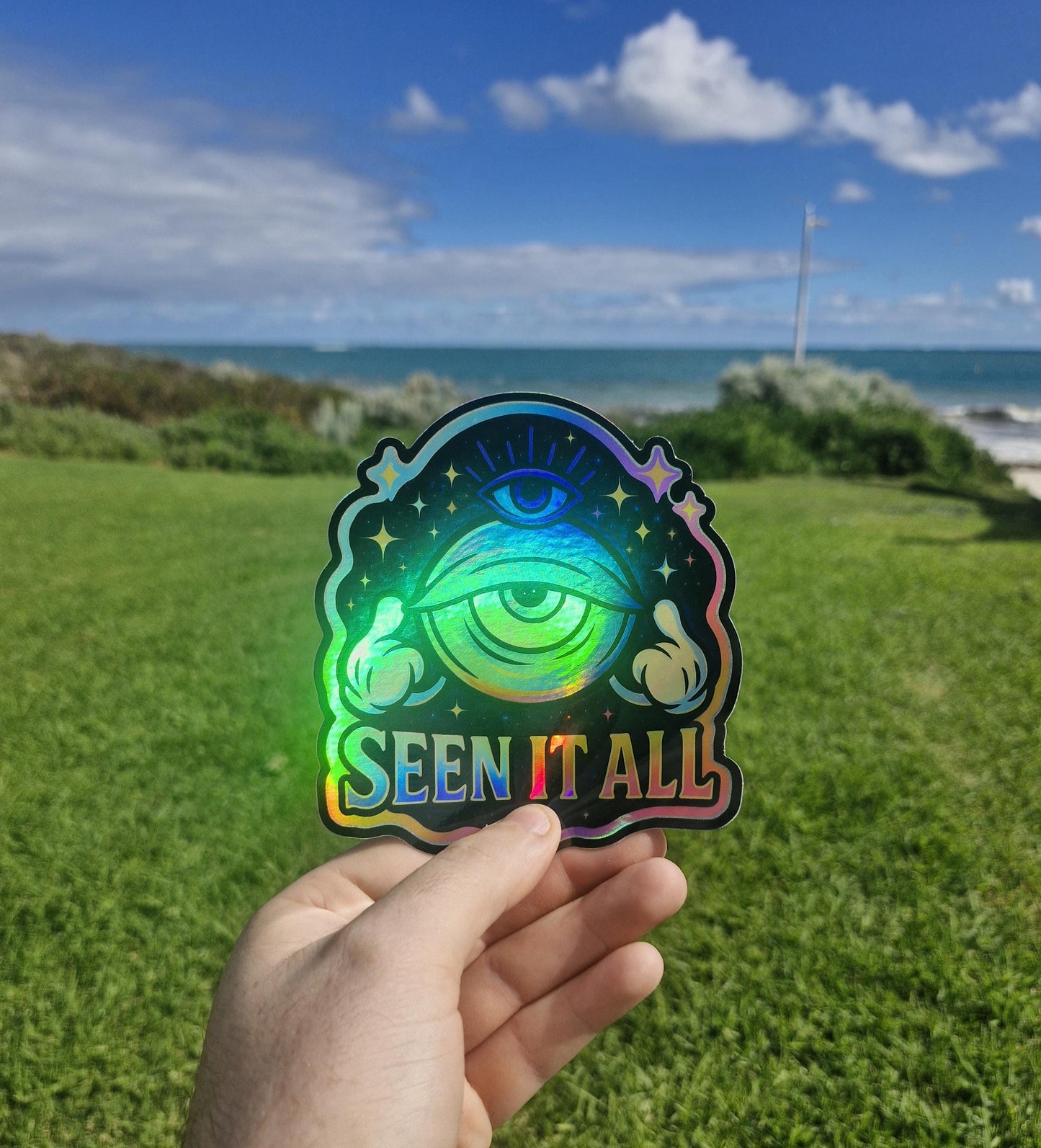 Cosmic Duo – Holographic Alien & All-Seeing Eye Sticker Pack | Funny Trippy Stickers for Water Bottles, Laptops, Journals