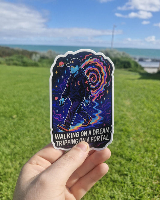 Walking on a Dream… Tripped on a Portal, Bro | Cosmic Glitch Sticker | Trippy Vinyl Decal | ShopCelestique