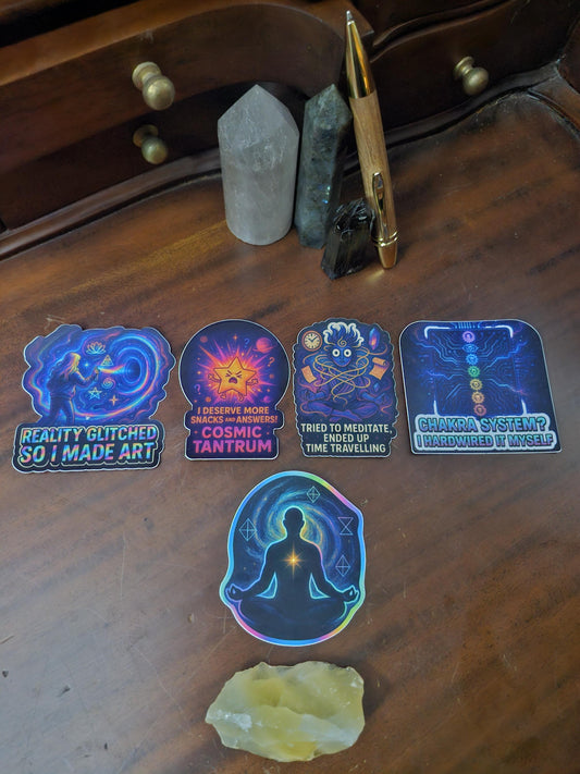 Galactic Shenanigans Sticker Bundle • 5-Piece Cosmic Sticker Pack • Funny Spiritual Stickers • Trippy Meditation Stickers
