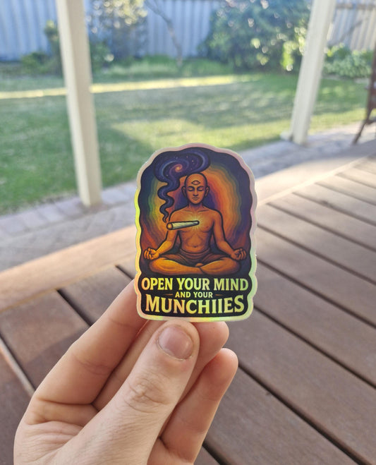 Open Your Mind and Your Munches Sticker – Funny 420 Cosmic Vinyl Decal for Laptops, Water Bottles & Snack Lovers