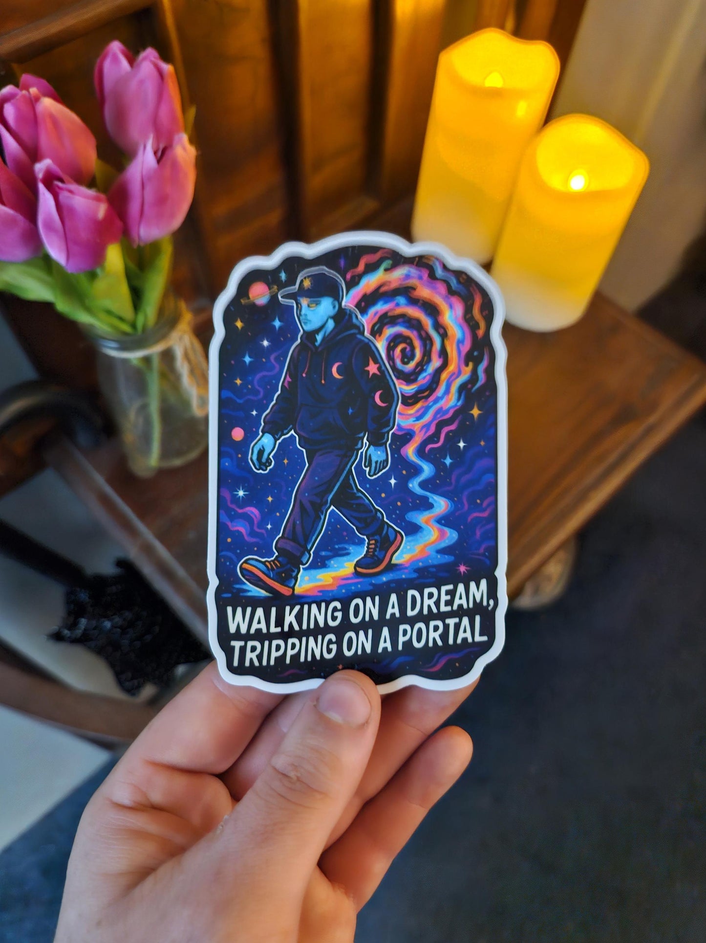 Walking on a Dream… Tripped on a Portal, Bro | Cosmic Glitch Sticker | Trippy Vinyl Decal | ShopCelestique