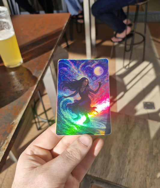 Surfy holographic Witch Sticker – Mystical Goddess on Surfboard Vinyl Decal for Laptops, Water Bottles & Surf Gear