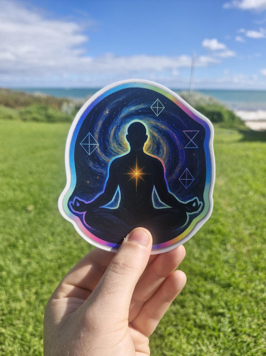 Cosmic Meditation Sticker – Matte Die-cut Vinyl | Spiritual Meditation Art | Celestial Energy Sticker | Laptop & Journal Decor